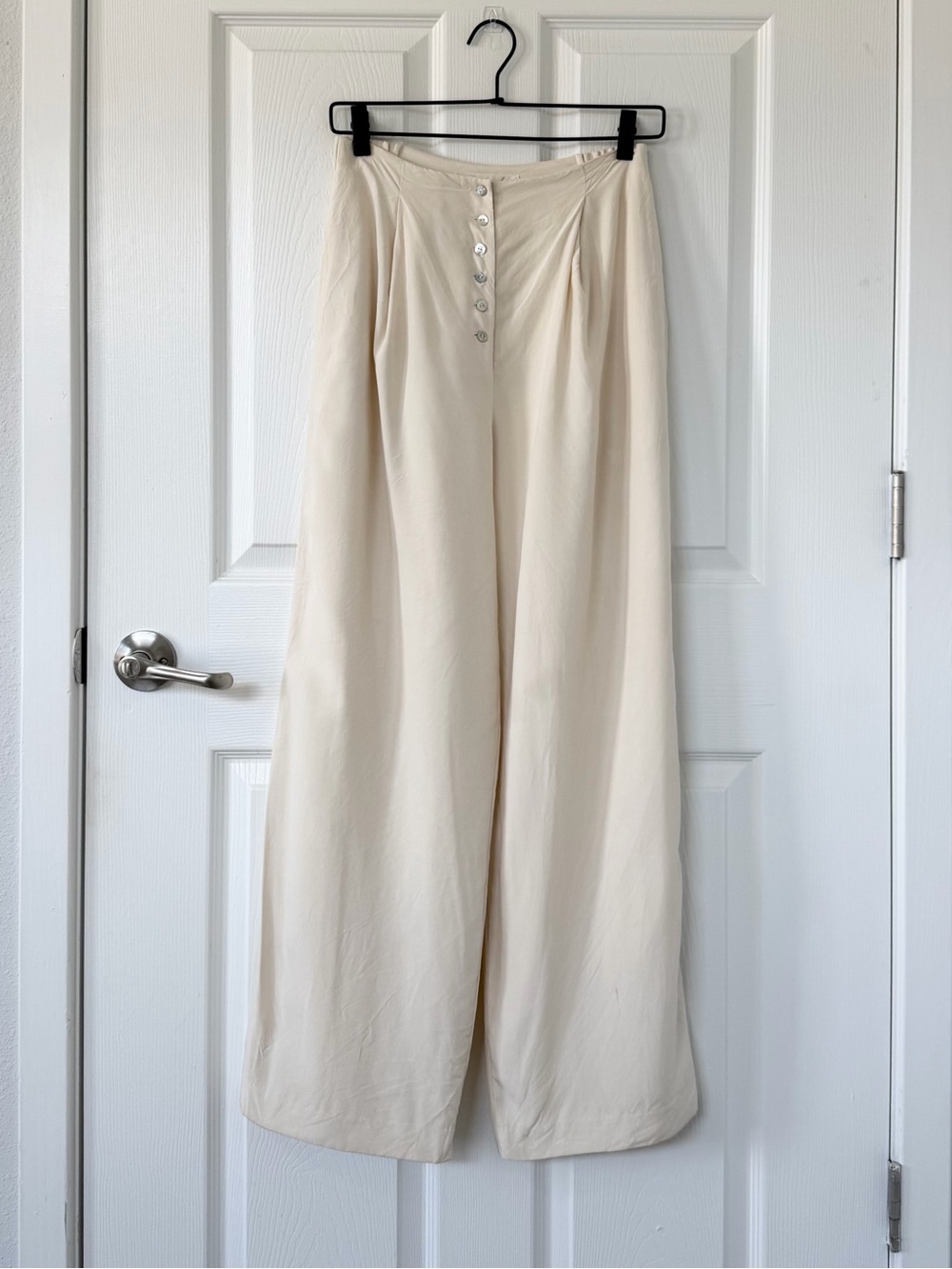 100% Silk High-Waist Wide Leg Lined Pants in Ivory with Mother of Pearl Buttons